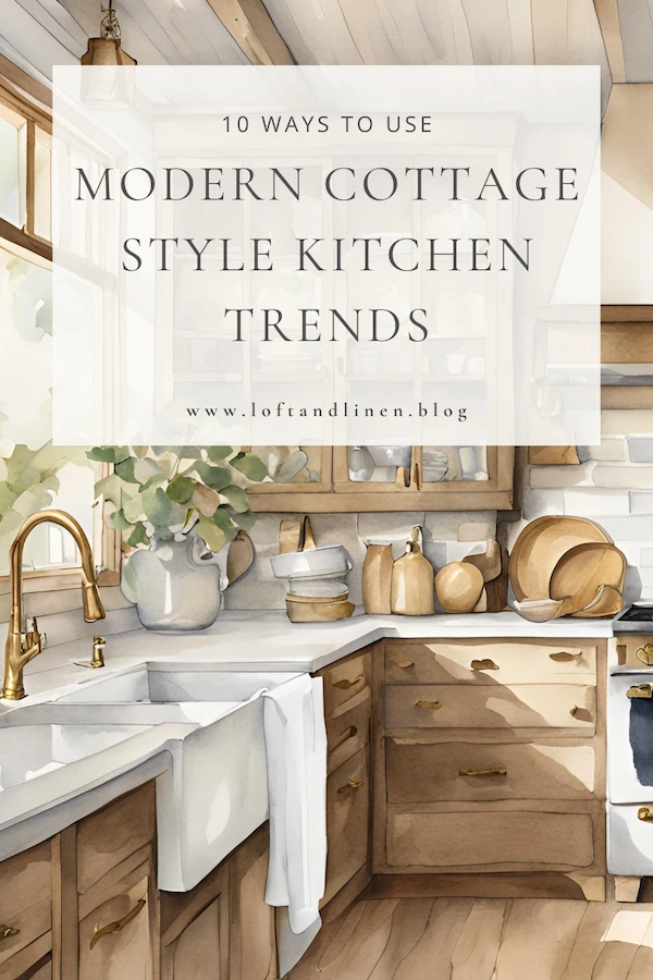 A watercolor artwork of a modern cottage style kitchen with greenery, brass fixtures, and the text "10 ways to use modern cottage style kitchen trends."