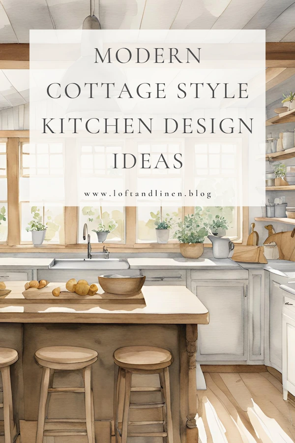 A watercolor painting of modern cottage style white kitchen with natural wood and potted greenery
