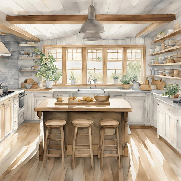 A watercolor image of a modern cottage kitchen with white cabinets and natural wood tones.