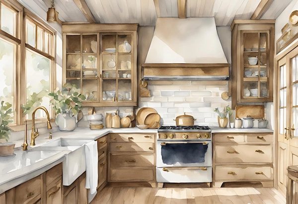 A watercolor image of a modern cottage kitchen with white cabinets and natural wood tones.