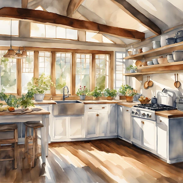 A watercolor painting of modern cottage style white kitchen with natural wood and potted greenery