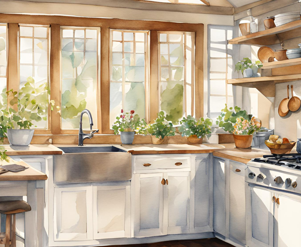 watercolor art of a cottage kitchen with greenery and plants on the counter