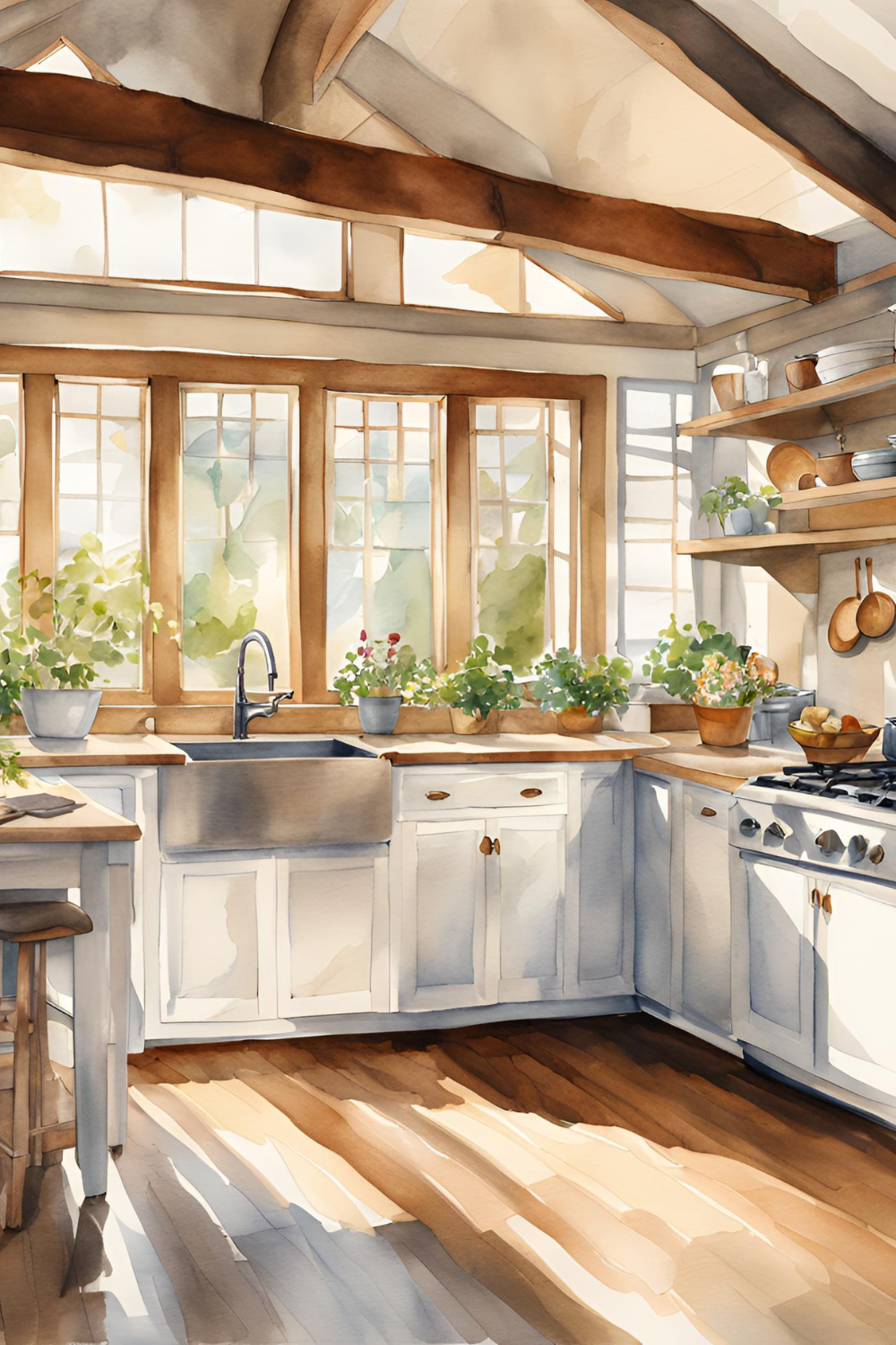 watercolor art of a cottage kitchen with greenery and plants on the counter