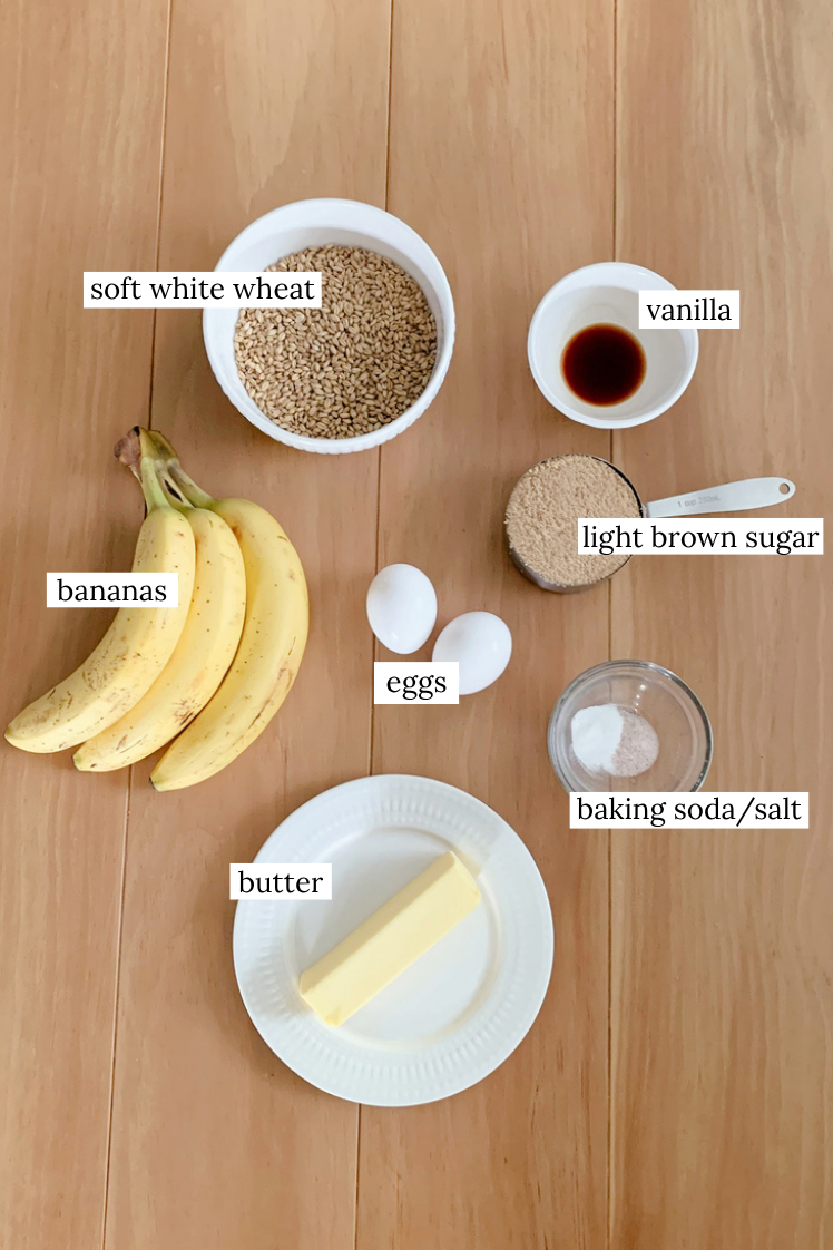 The ingredients listed for fresh milled banana bread coffee cake