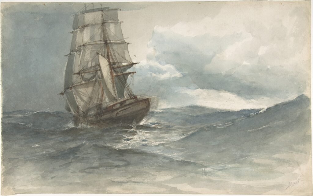 vintage summer art print of ship at sea