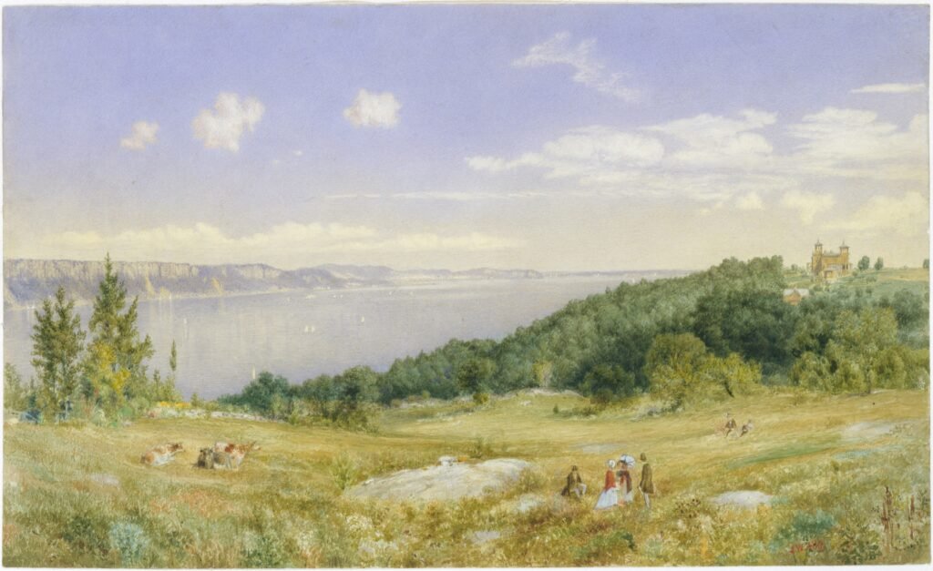vintage summer art print of countryside near the sea