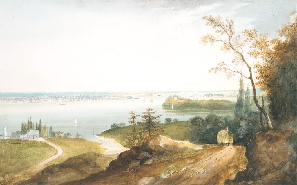 vintage summer art print of countryside near the sea