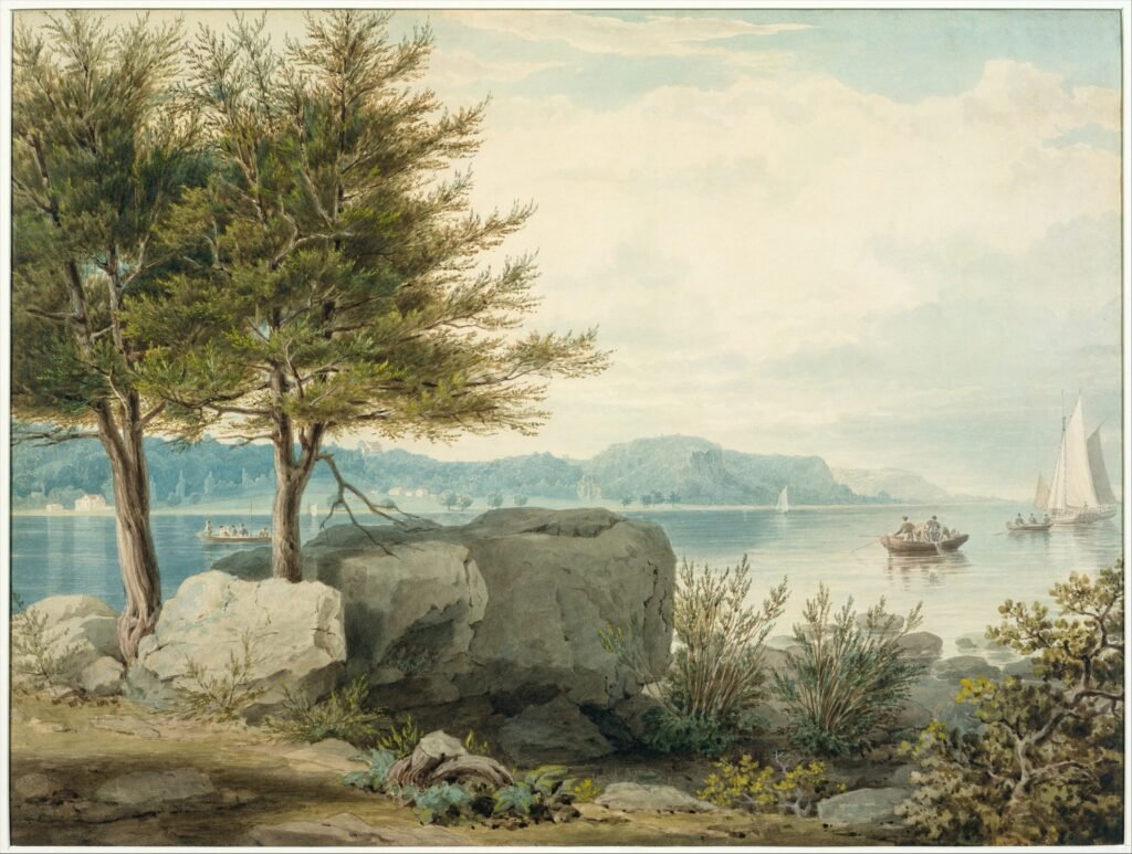 vintage summer art print of boats on the water off a coast of greenery