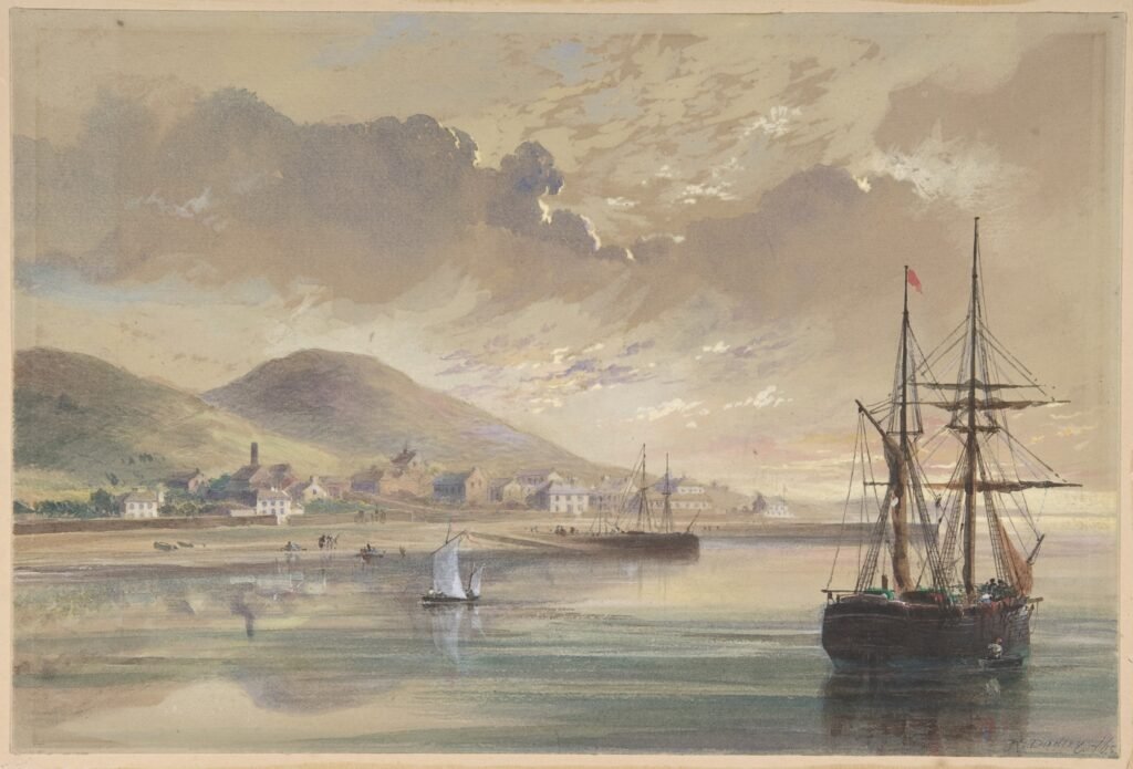 vintage summer art print of a boat in a harbor