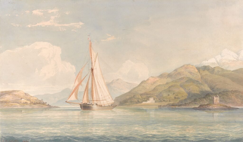 vintage summer art print of a sailboat on the water