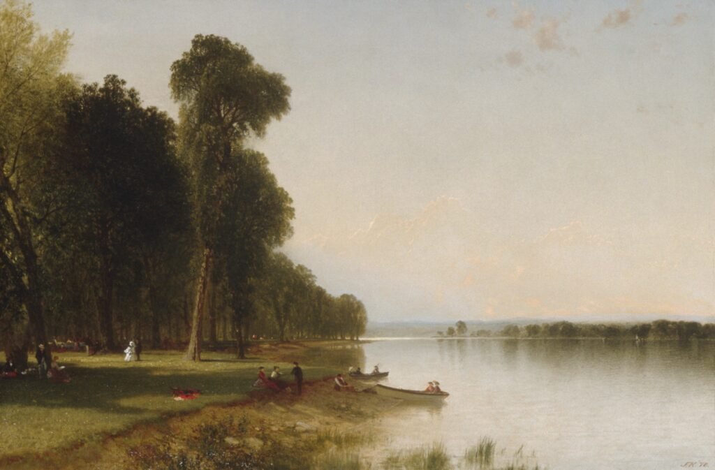 vintage summer art print of a beach near trees