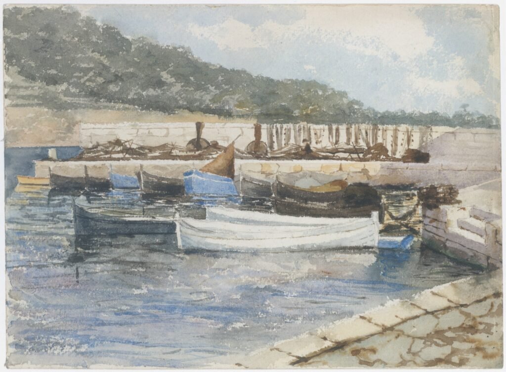 vintage summer art print of row boats in the harbor