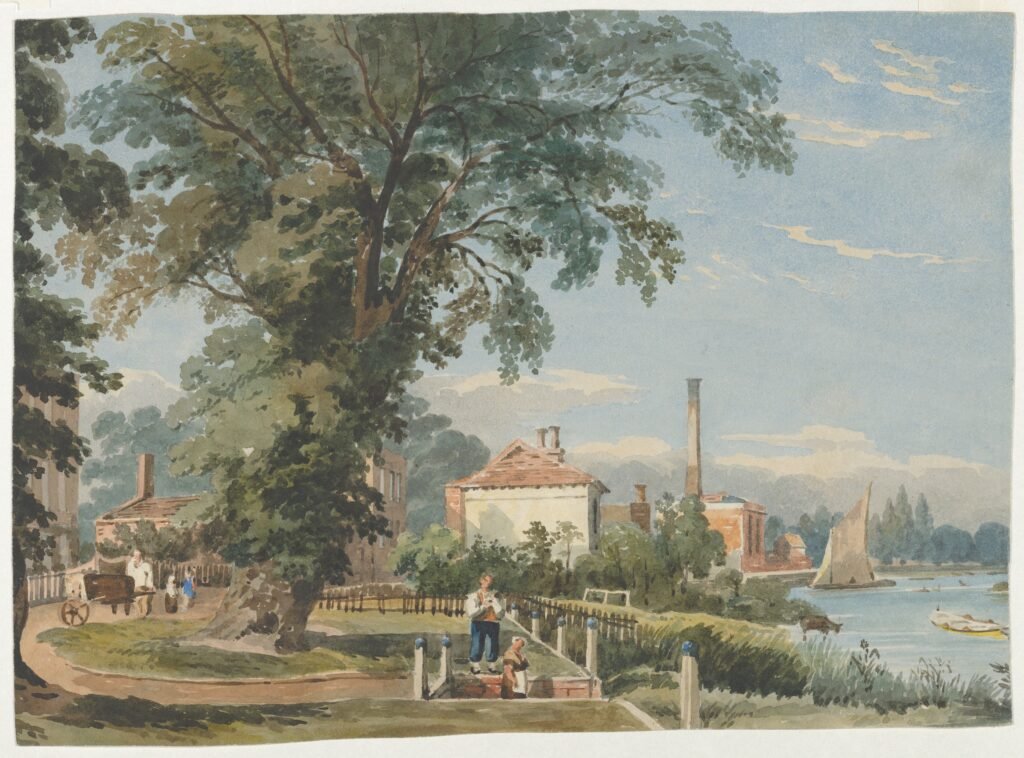 vintage summer art print of a town near a river