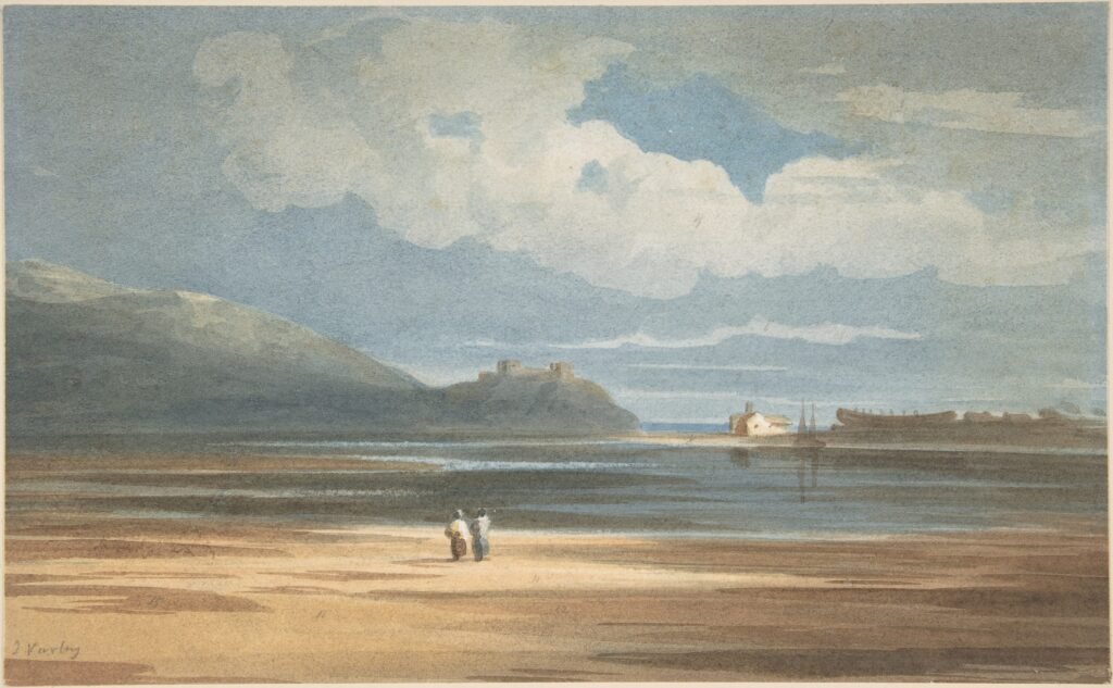 vintage summer art print of people walking on beach
