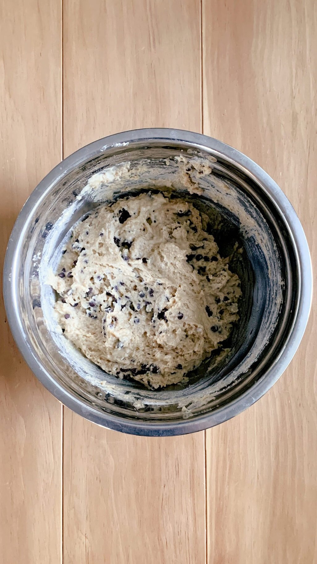 chocolate chips added to the batter of fresh milled chocolate chip muffins