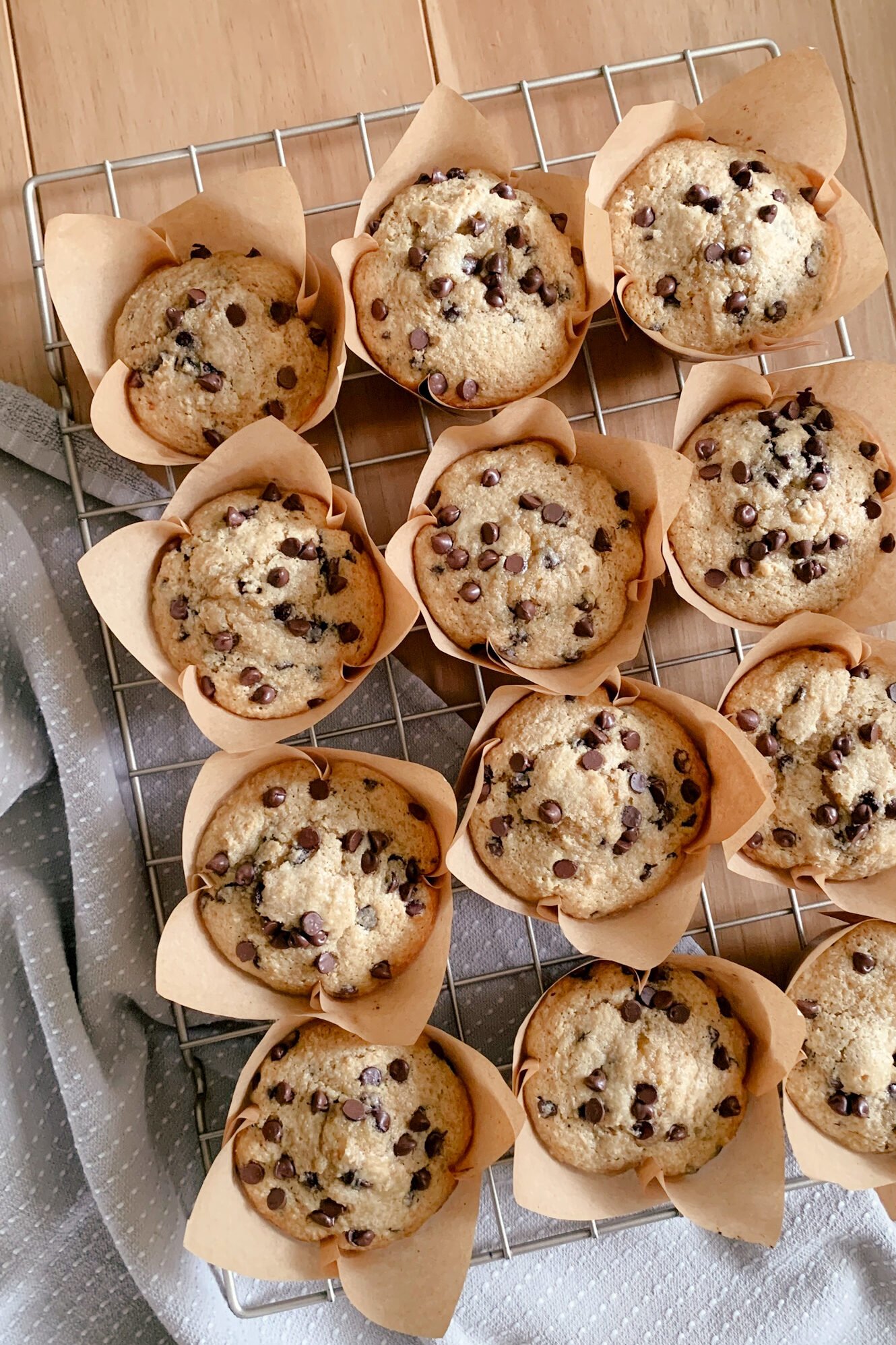 fresh milled chocolate chip muffins on a cooling rack with a tea towel underneath