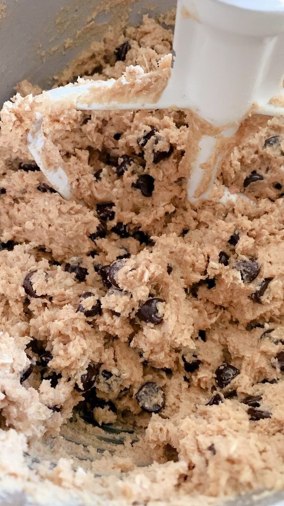 the finished dough for fresh milled peanut butter oatmeal chocolate chip cookies