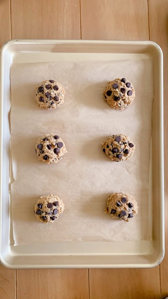 6 dough balls evenly spaced for fresh milled peanut butter oatmeal chocolate chip cookies