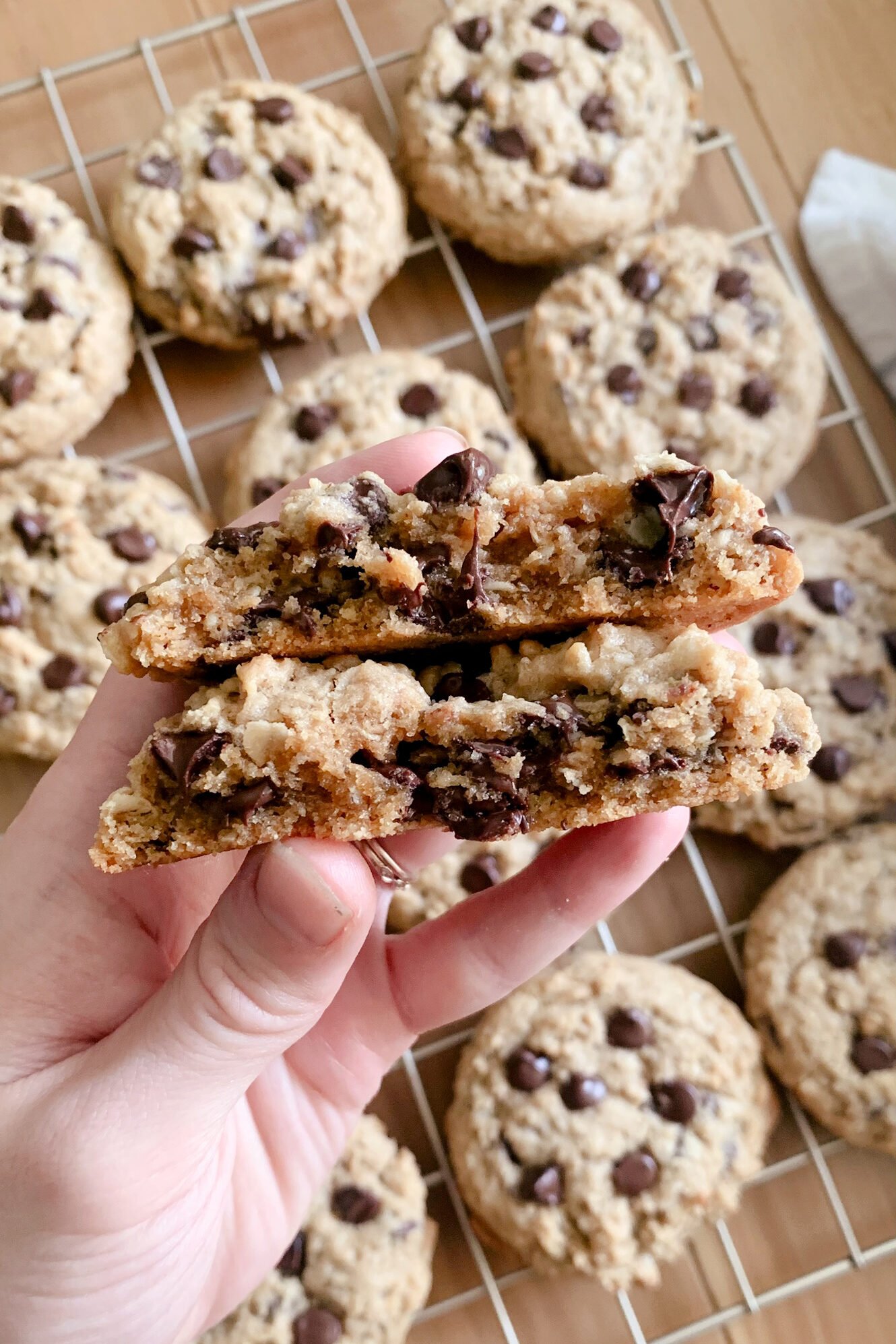 a close up of a fresh milled peanut butter oatmeal chocolate chip cookie stacked in half