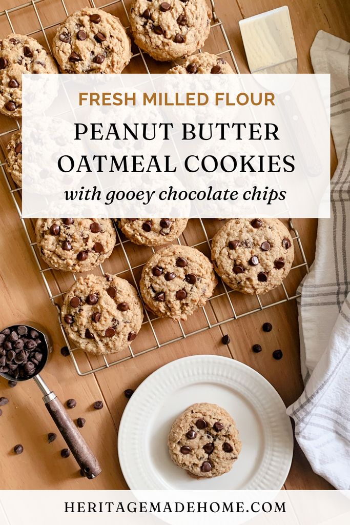 a pinterest pin graphic for fresh milled peanut butter oatmeal chocolate chip cookies