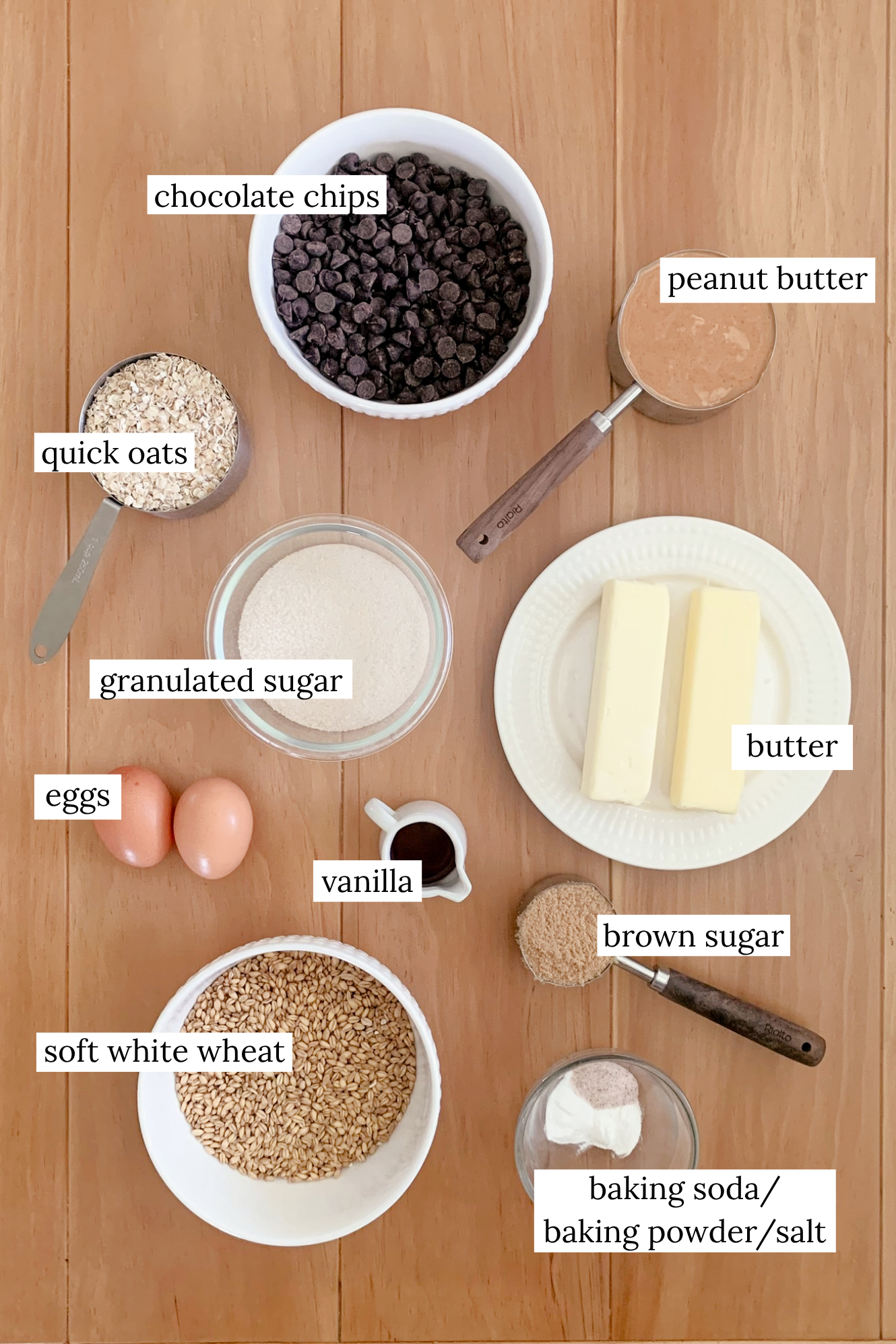 ingredients laid out for fresh milled peanut butter oatmeal chocolate chip cookies
