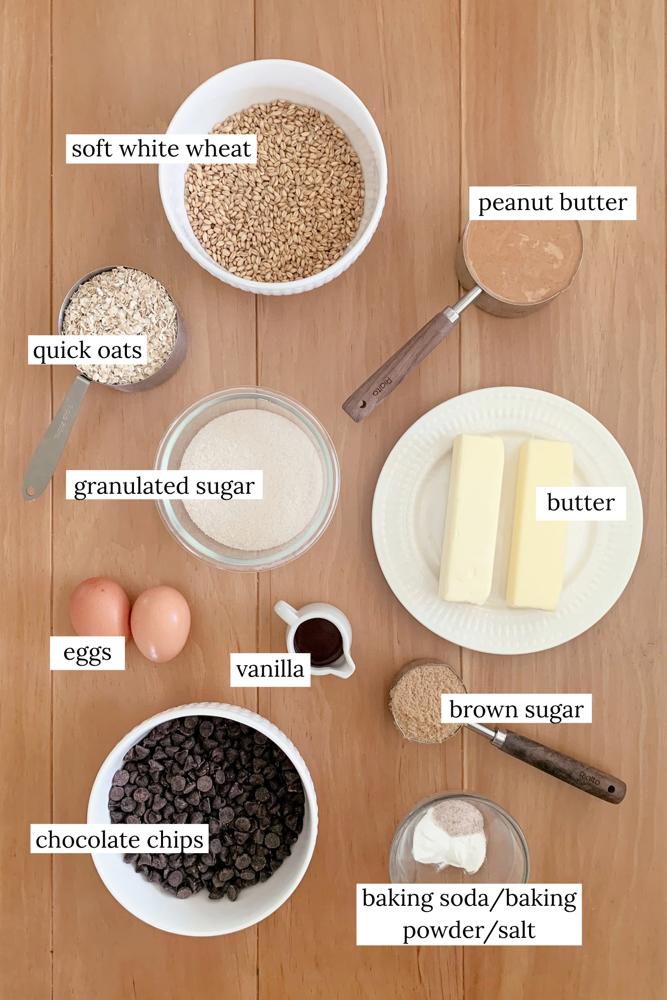 ingredients laid out for fresh milled flour peanut butter oatmeal chocolate chip cookie bars